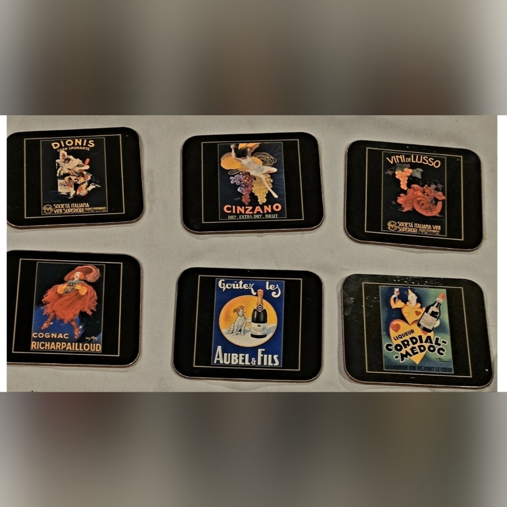 Vintage Alcoholic Beverage Art Cork Backed Coasters. Set of 6. Rare.